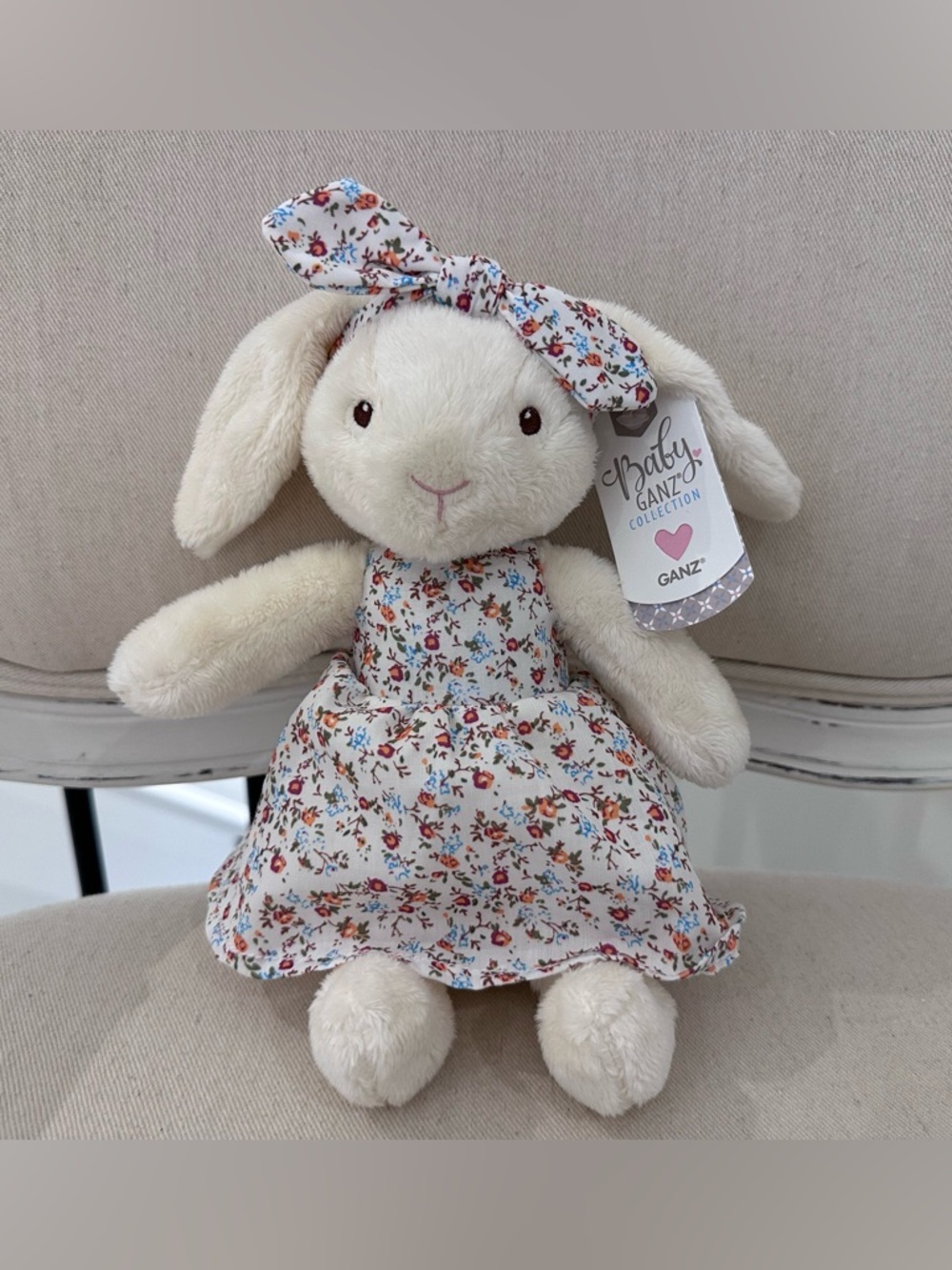 🤍 GANZ Baby Shabby Chic Ivory Plush Bunny with Floral Dress and Bow NWT